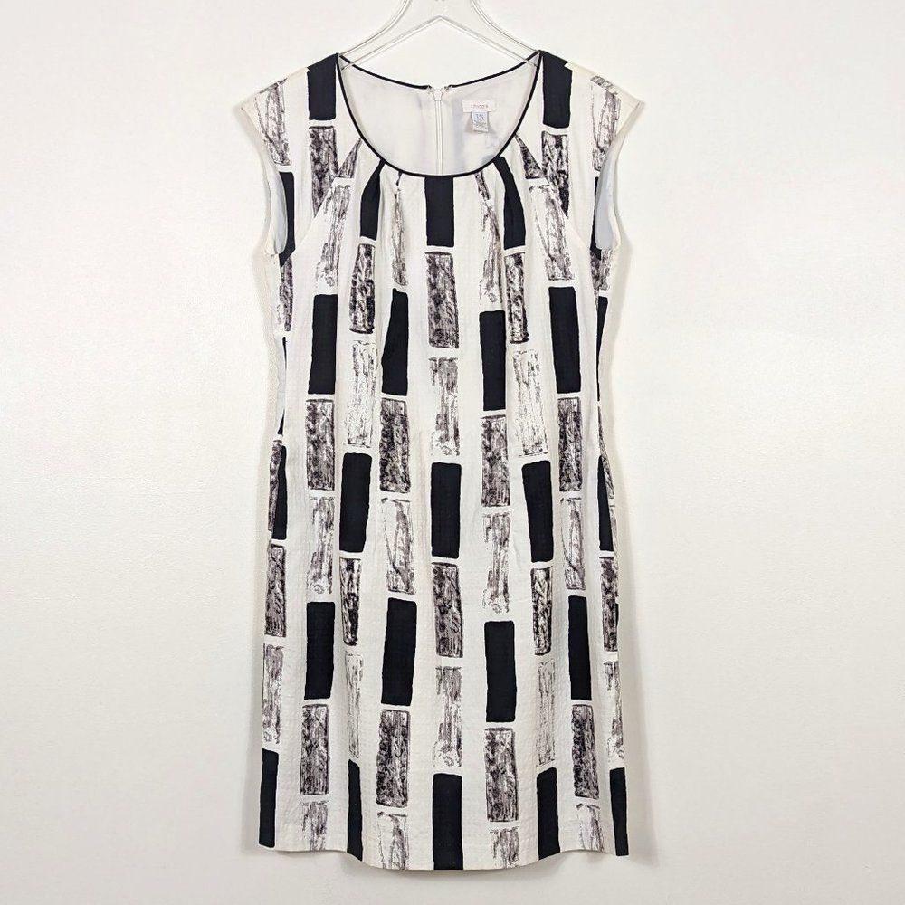 Chico's Geometric Printed Shift Dress Medium Black and White